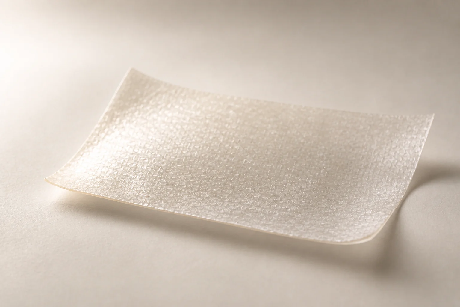 Translucent rectangular allograft sheet on a warm ivory surface